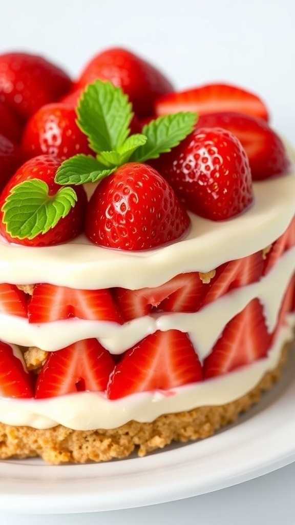 Strawberry Vanilla Bean Indulgence dessert with graham cracker crust, vanilla cream, and fresh strawberries, garnished with mint.